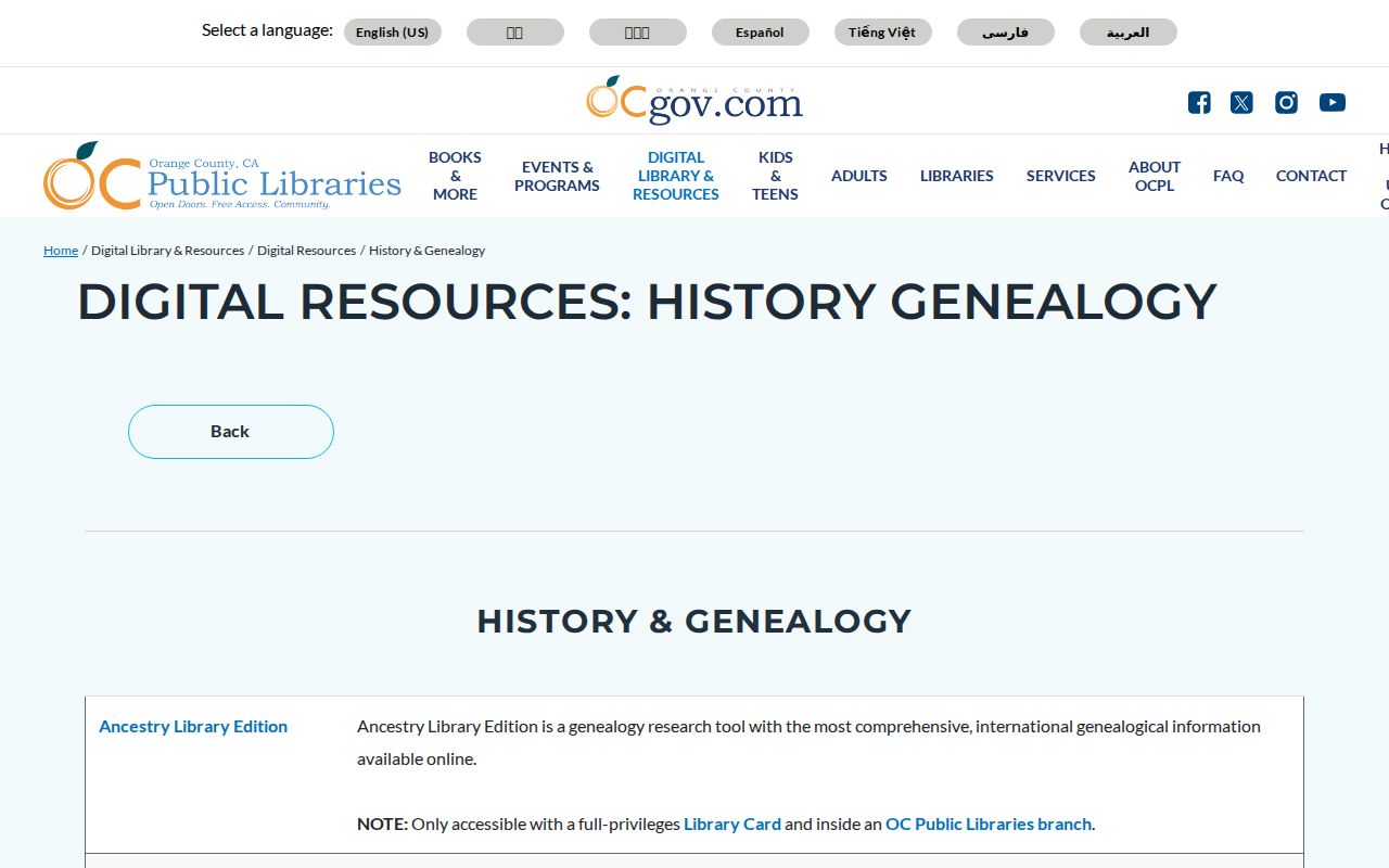 Irvine city directory view of Orange County library history and genealogy resources