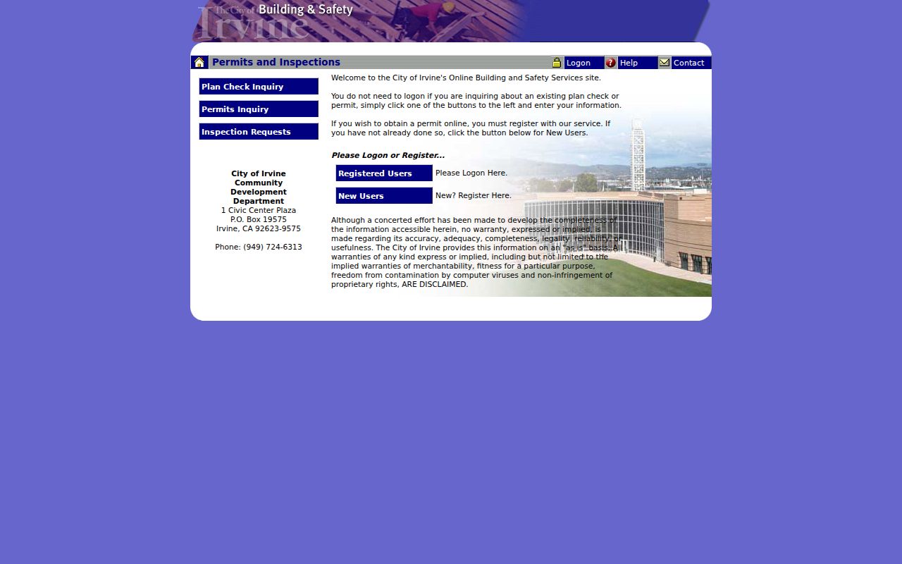 Irvine residents directory view of the Irvine permit inquiry portal