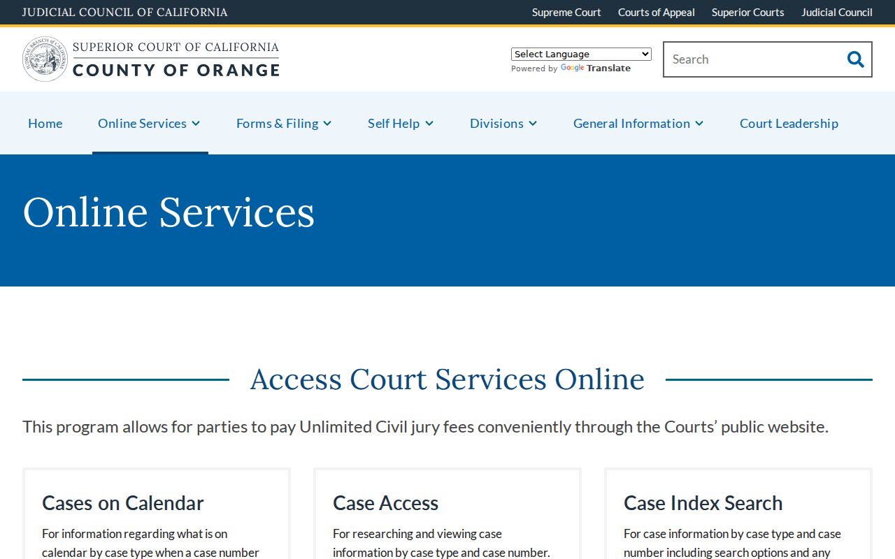 Irvine residents directory view of Orange Superior Court online services