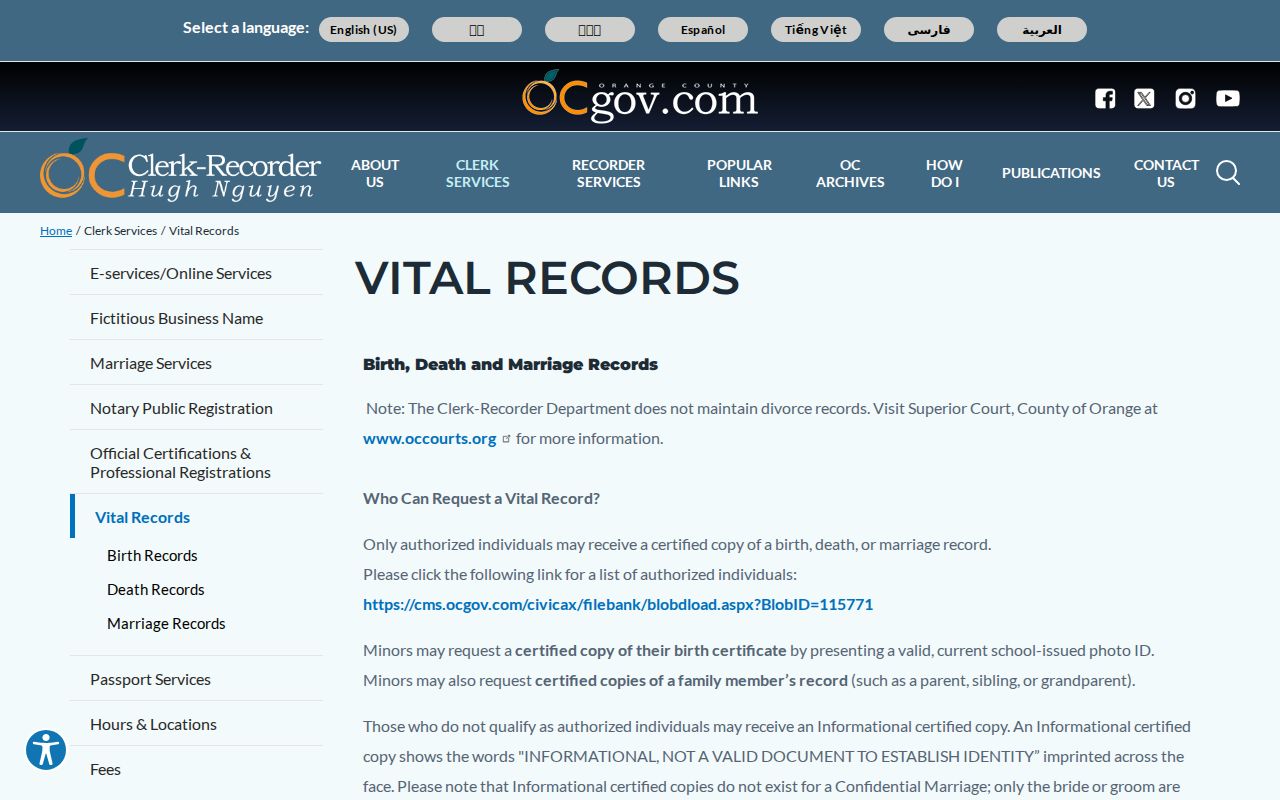 Irvine previous residents view of Orange County vital records services
