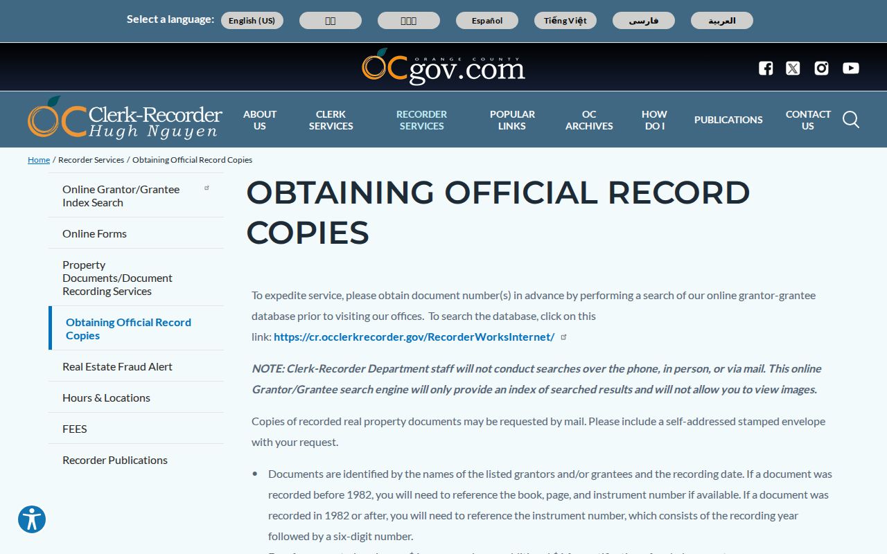 Irvine previous residents view of Orange County recorded document copy instructions