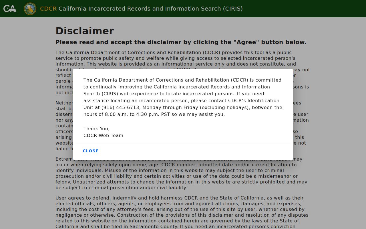 Irvine resident lookup view of the California incarcerated person locator