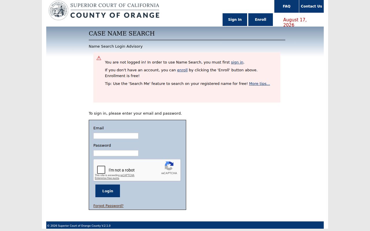Irvine resident lookup view of Orange Superior Court name search