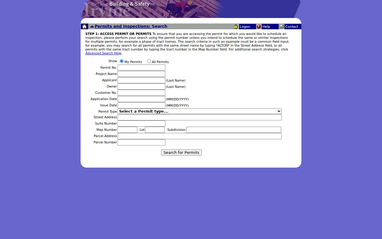 Irvine street directory view of address and APN permit search fields