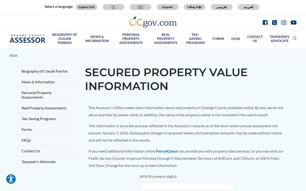 Irvine street directory view of the Orange County assessed value search